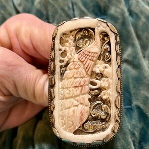Peacock Queen Ring carved bone set in tooled Tibetan silver Adjustable NEW